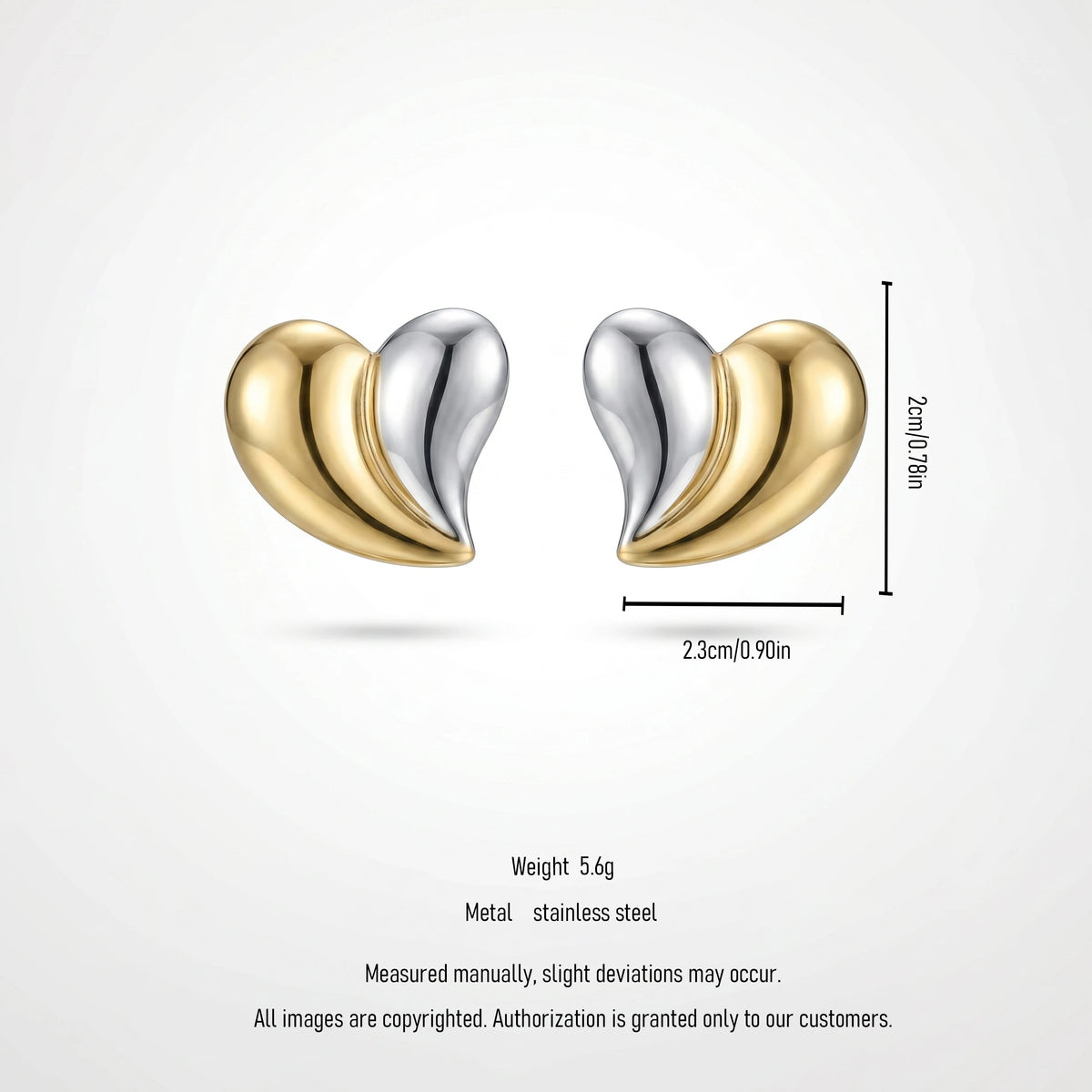 QIAOREN 12450 Tone Split Heart Stud Earrings Waterproof Stainless Steel PVD Gold Silver Contrast Glossy Love Ear Jewelry Trendy