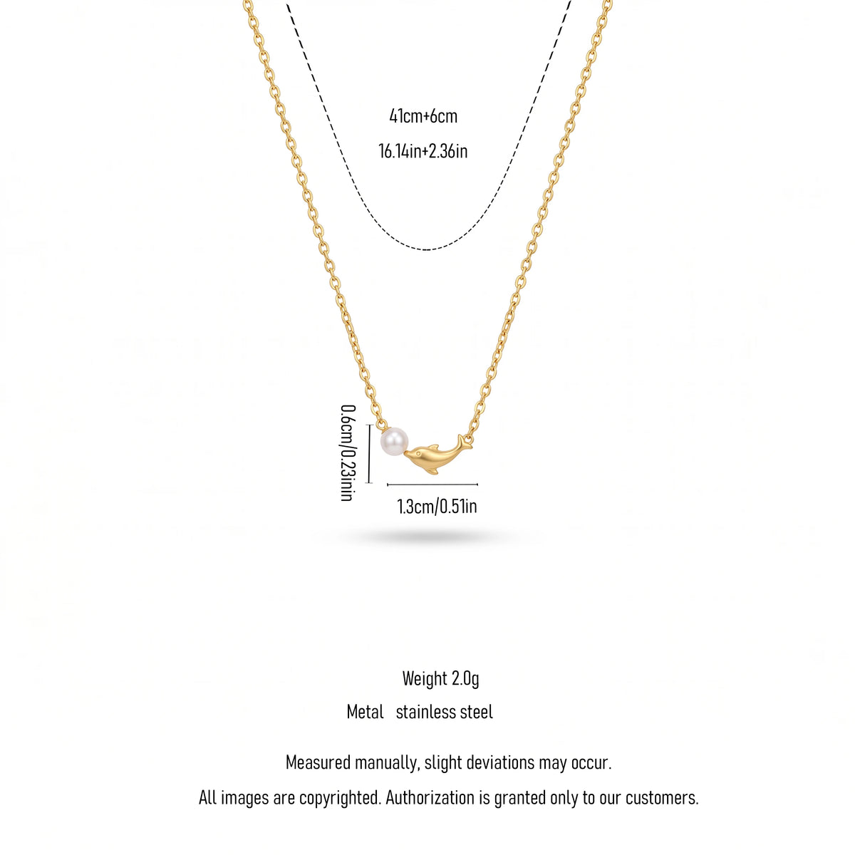 QIAOREN 13931 Thin Oval Link Chain Pendant Necklace with Mini Smiling Dolphin Charm & Single Smooth White Pearl