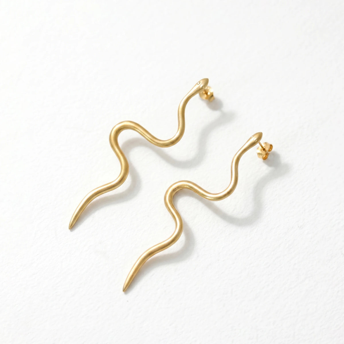 QIAOREN 11847 Edgy Satin Gold Serpent Stud Earrings Stainless Steel Minimalist Wavy Snake Jewelry Statement Gift for Women US