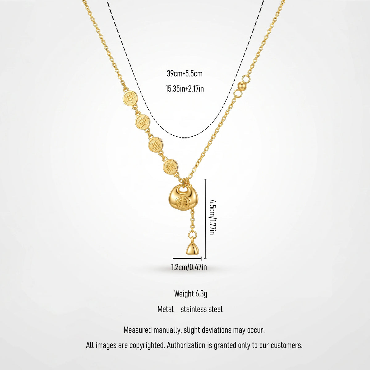 QIAOREN 13503 Chinese Blessing Ping an Le Fu Pouch Y Drop Necklace, Lucky Coin & Beaded Thin Chain Gold Necklace