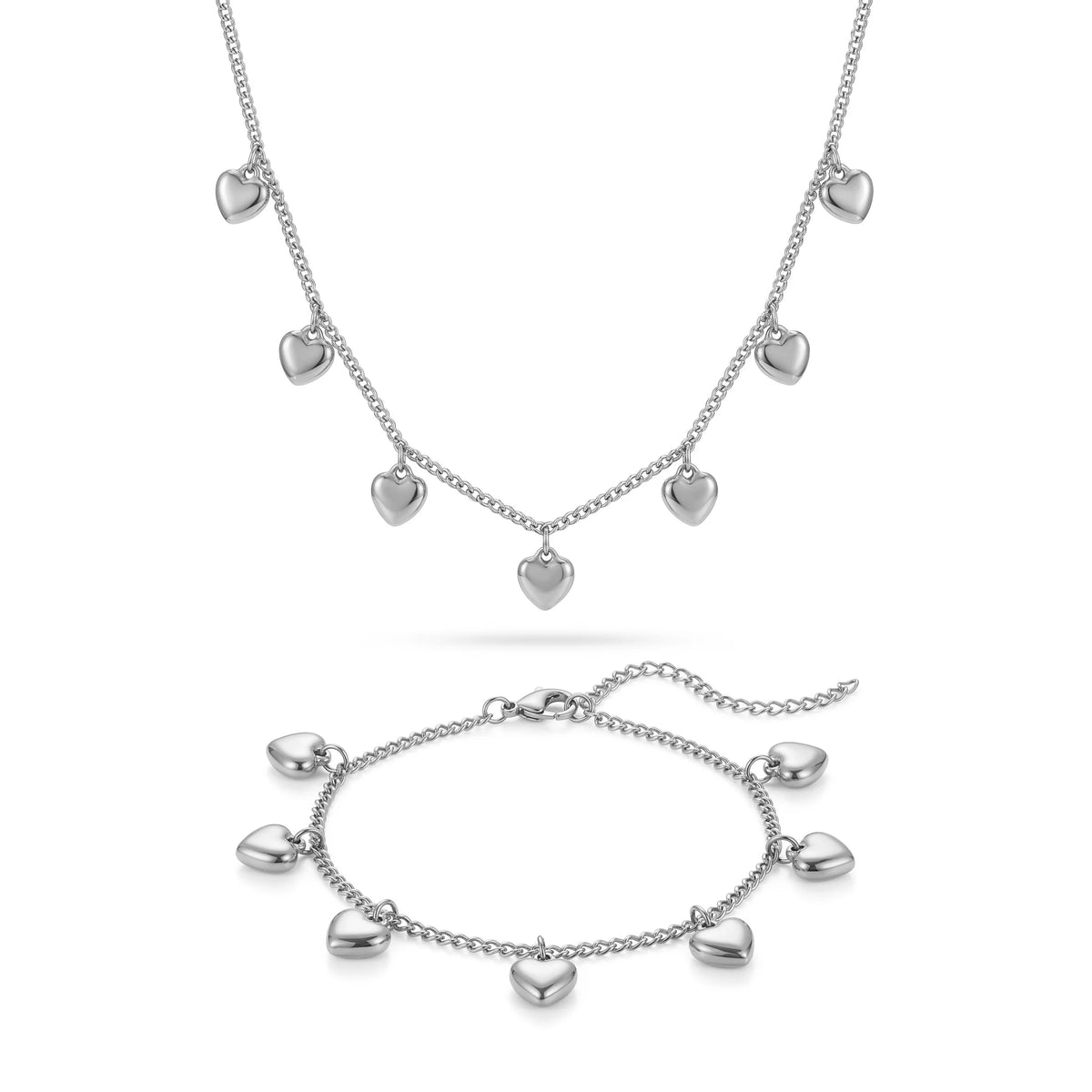 QIAOREN12860 18KGold Plated Puffy Heart Charm Necklace Set, Waterproof Tarnish Free Stainless Steel Curb Chain Jewelry for Women