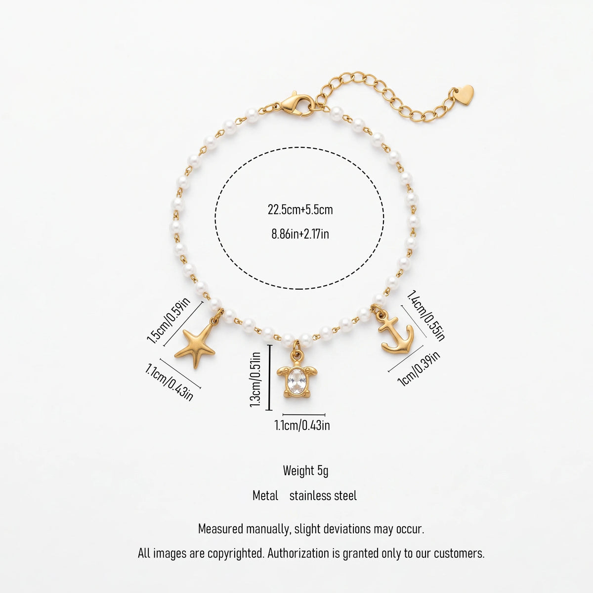 QIAOREN 13328 Ocean Style Pearl Anklet with Starfish, Crystal Turtle & Anchor Charms, Coastal Vacation Foot Jewelry Gift