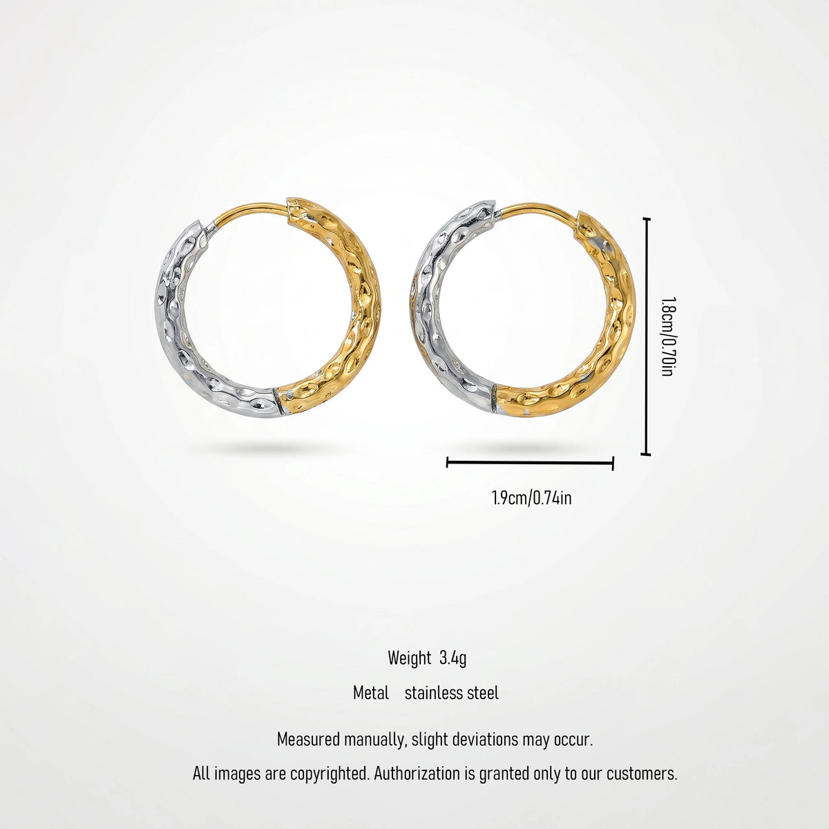 QIAOREN 12424Trendy Mixed Metal Hoop Earrings Two Tone Hammered Stainless Steel Gold Silver Contrast Huggie Hoops Women US EU