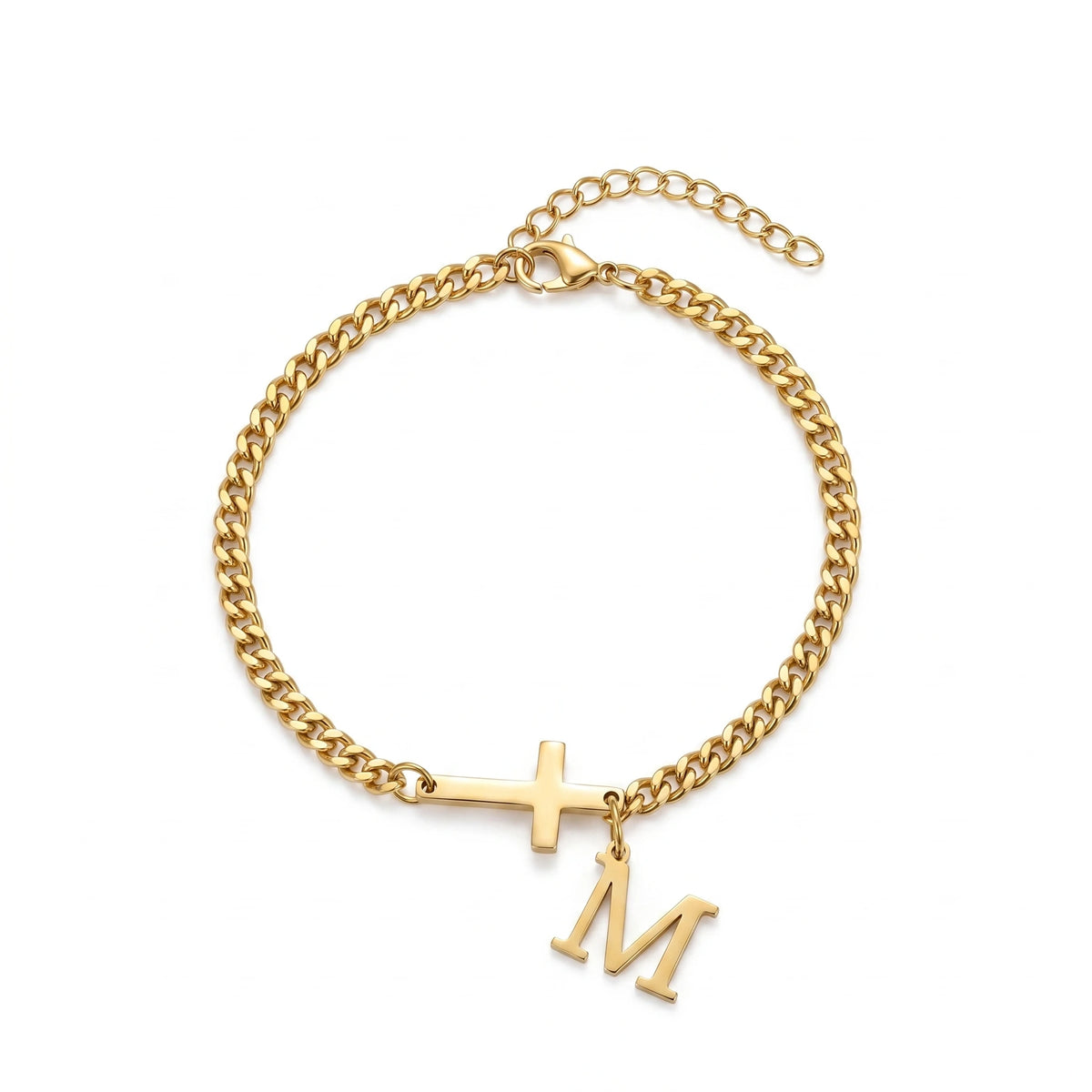 QIAOREN 11416 18K Gold Plated Side Cross & Initial Letter Anklet Stainless Steel Tarnish Free Waterproof