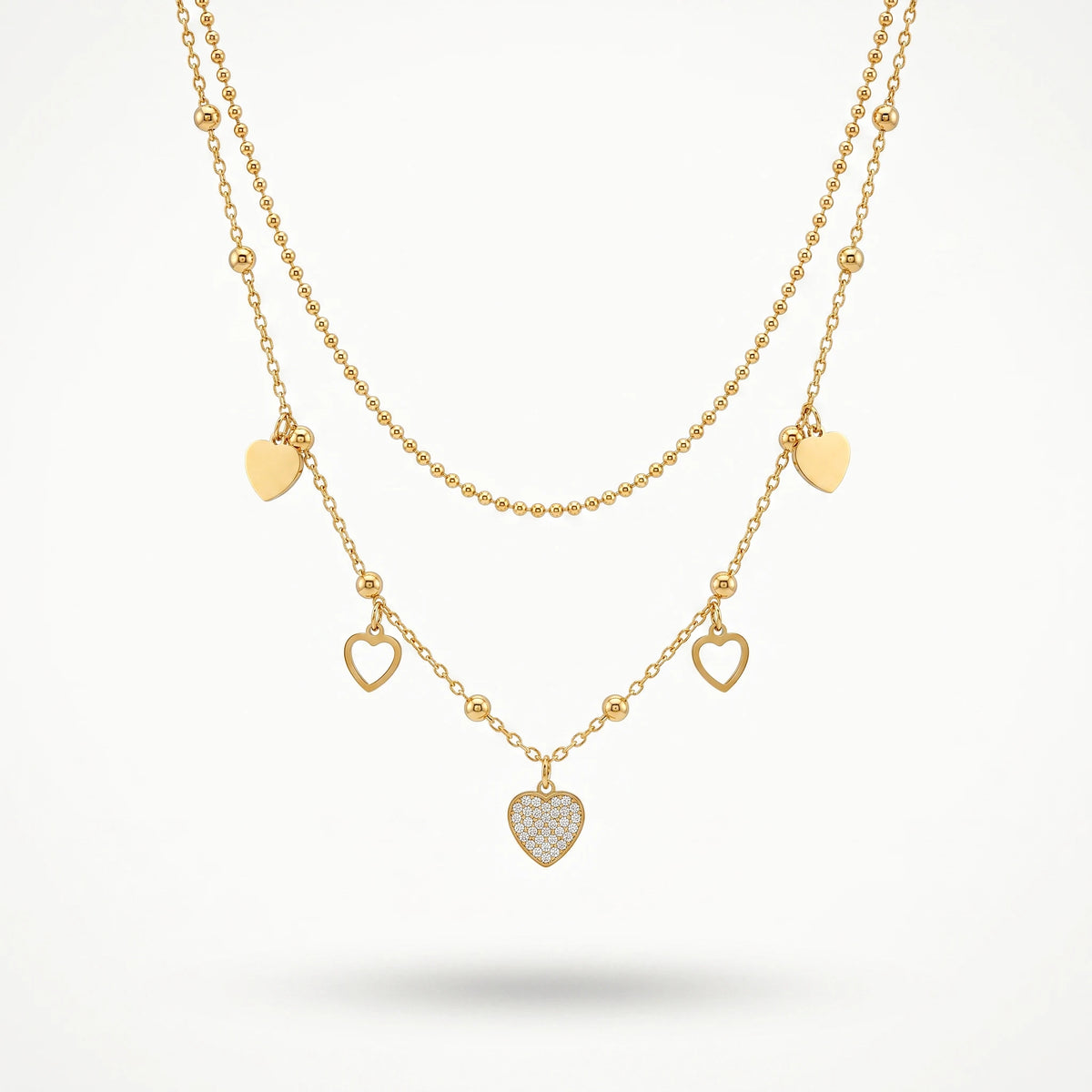 QIAOREN 13814 Fashion Double Layer Beaded Ball Chain Heart Pendant Necklace with Solid & Hollow Heart Charms, Central Paved CZ