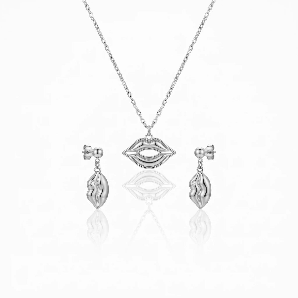QIAOREN 11895 18K Gold Plated Stainless Steel Lips Jewelry Set Inlaid Tiny Zircon Pout Lips Necklace Dangle Earrings