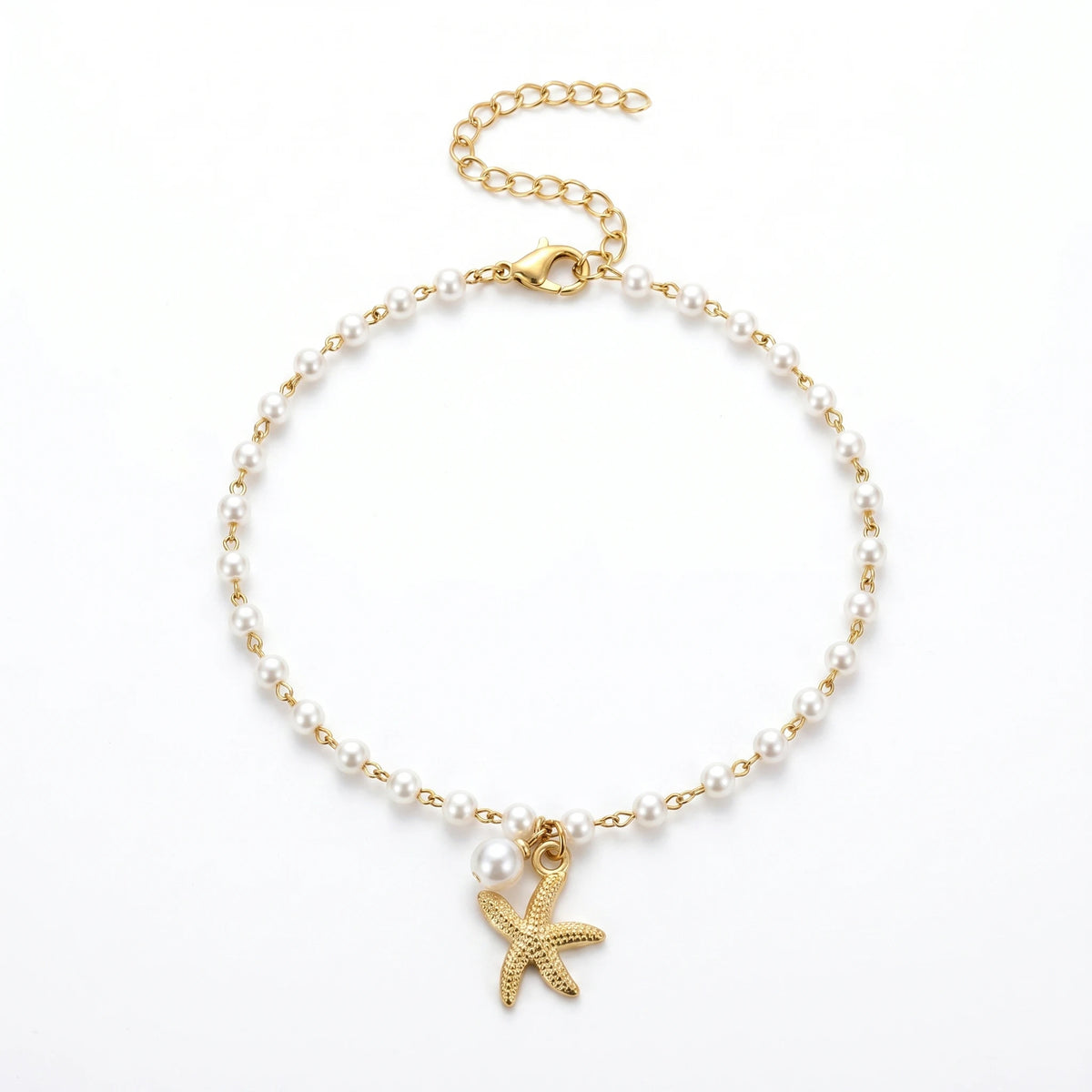 QIAOREN 11047 Chic Coastal Pearl Anklet with Gold Starfish Pendant Waterproof Vacation Jewelry for Women