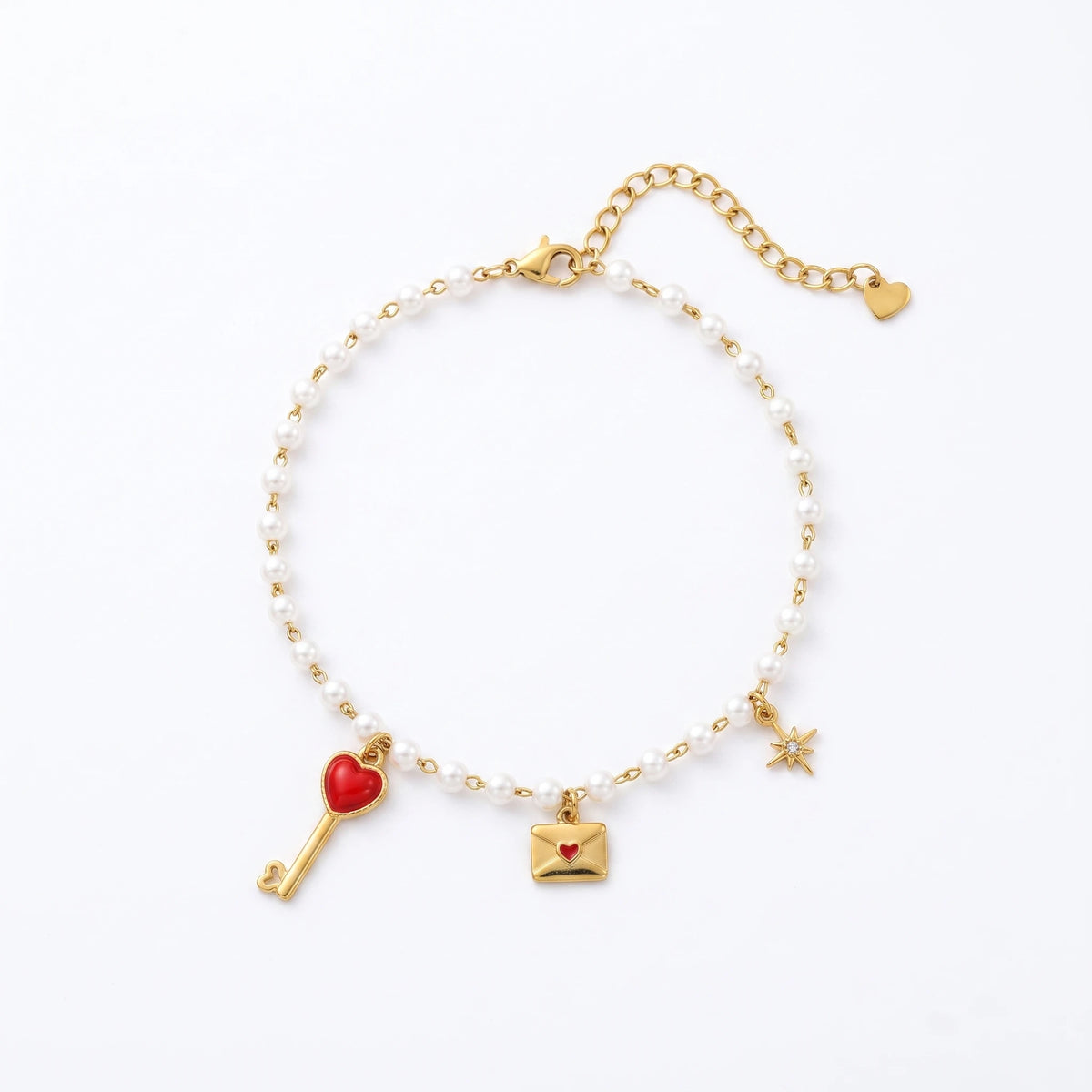 QIAOREN 13331 Romantic Pearl Anklet with Heart Key, Love Envelope & Rhinestone Star Charms, Sweet Love Foot Jewelry Gift