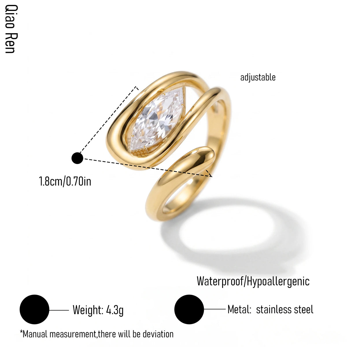 QIAOREN 14262-68 Vintage Floral Spiral Leaf Open Cuff Ring Collection, Adjustable Stackable Statement Rings with Zircon