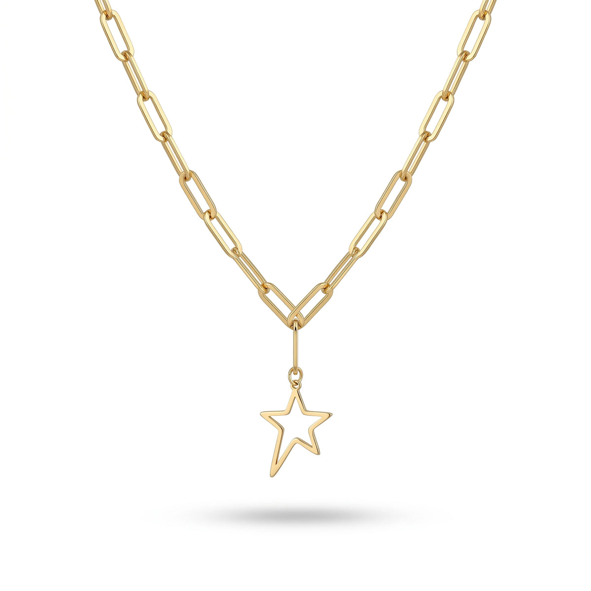 QIAOREN  11959 Gold Plated Stainless Steel Paperclip Chain Necklace Hollow Open Star Drop Pendant Dainty Daily Jewelry Gift