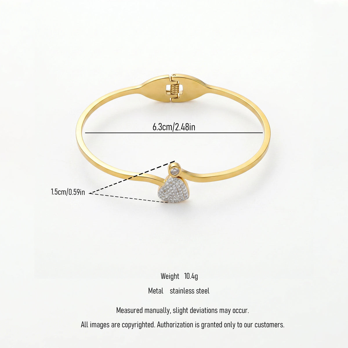 QIAOREN 13653 Thin Wire Spring Cuff Bangle with Paved Zircon Heart & Tiny Single Crystal Dual Charms, Polished Gold Open Bangle