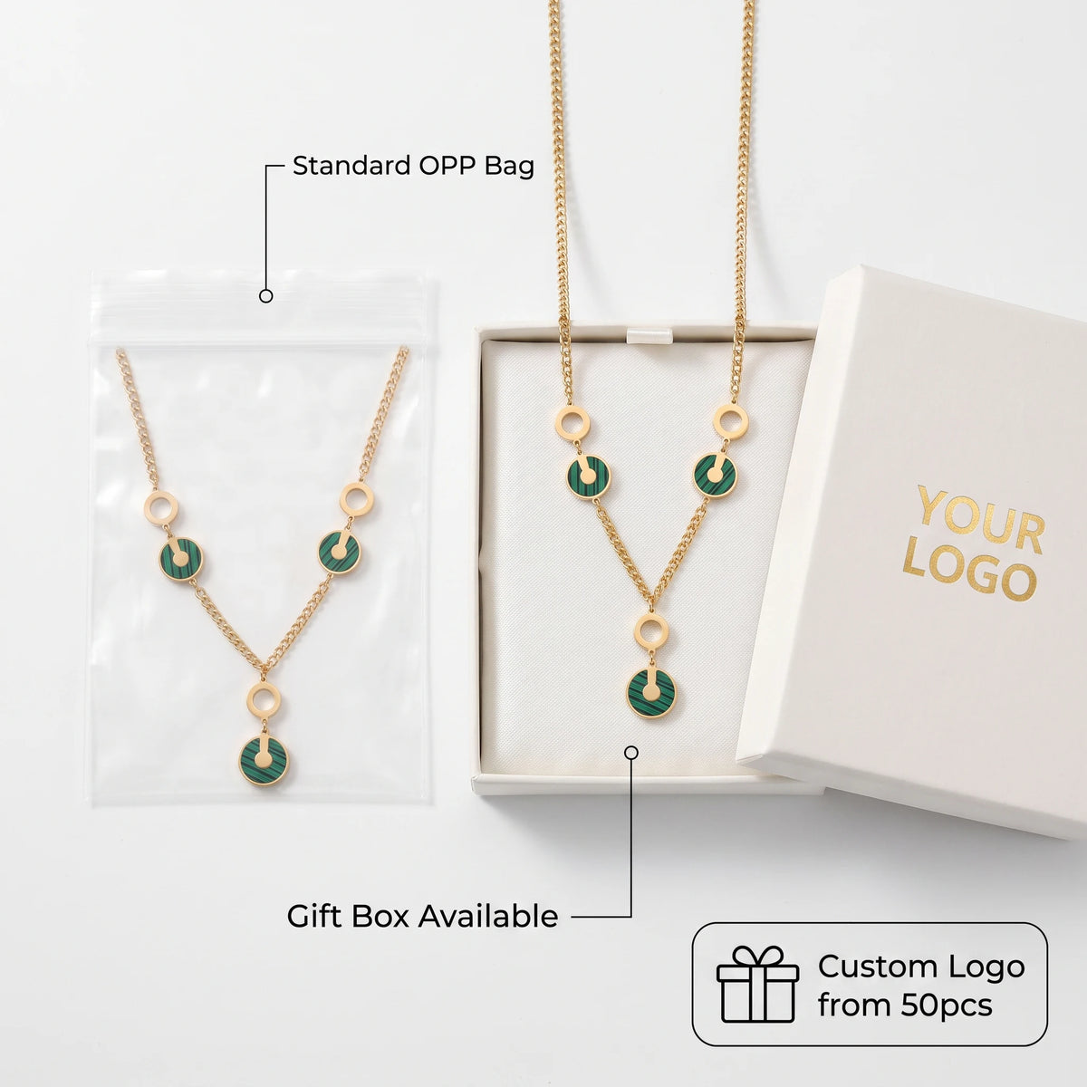 QIAOREN 14417 Paved CZ Concentric Circle Pendant Curb Chain Necklace, Stainless Steel Necklace Jewelry Gift