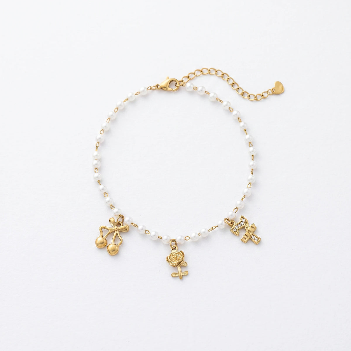 QIAOREN 13334 Coquette Pearl Anklet with Cherry Bow, Metal Rose & Rhinestone Letter Charms, Elegant Sweet Foot Jewelry Gift