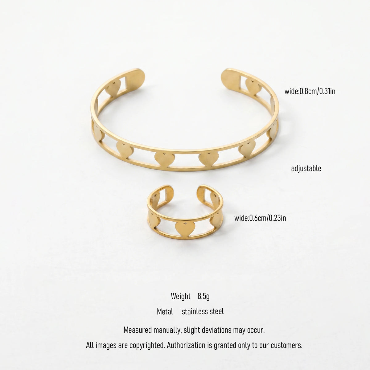 QIAOREN 11059 Luxury Gold Heart Cutout Bangle and Ring Set Stainless Steel Matching Jewelry for Women