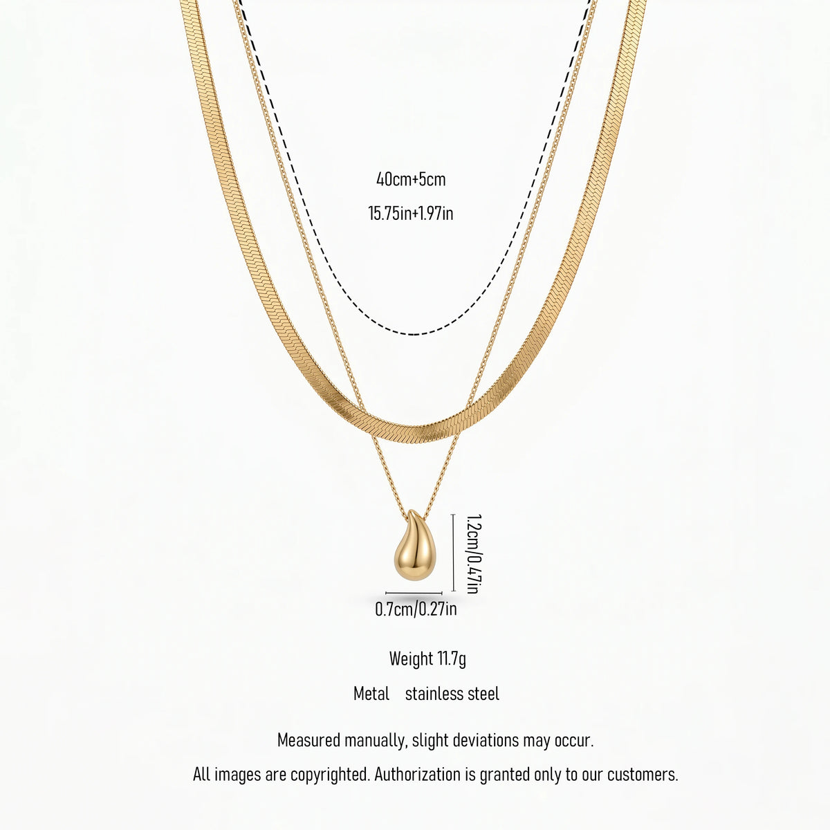 QIOAREN 12882 18K Gold Plated Herringbone Snake Chain Layered Necklace, Waterproof Tarnish Free Teardrop Pendant Stainless Steel