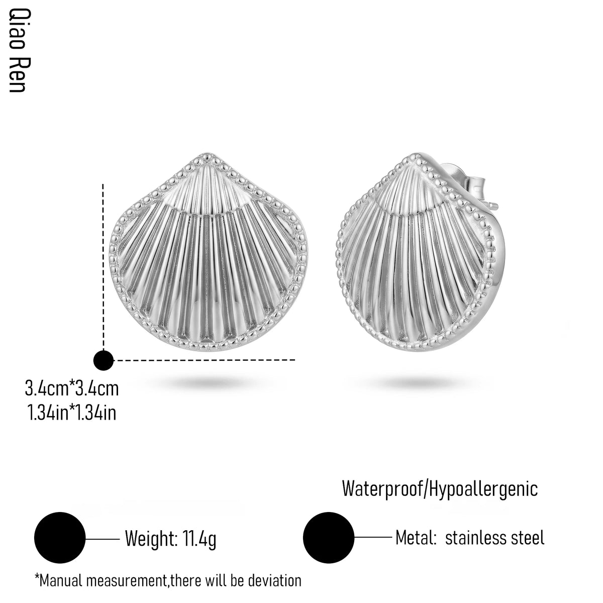 QIAOREN 14059 Polished Gold Scallop Shell Stud Earrings, Vertical Fluted Seashell With Beaded Border Ear Stud Jewelry Gift