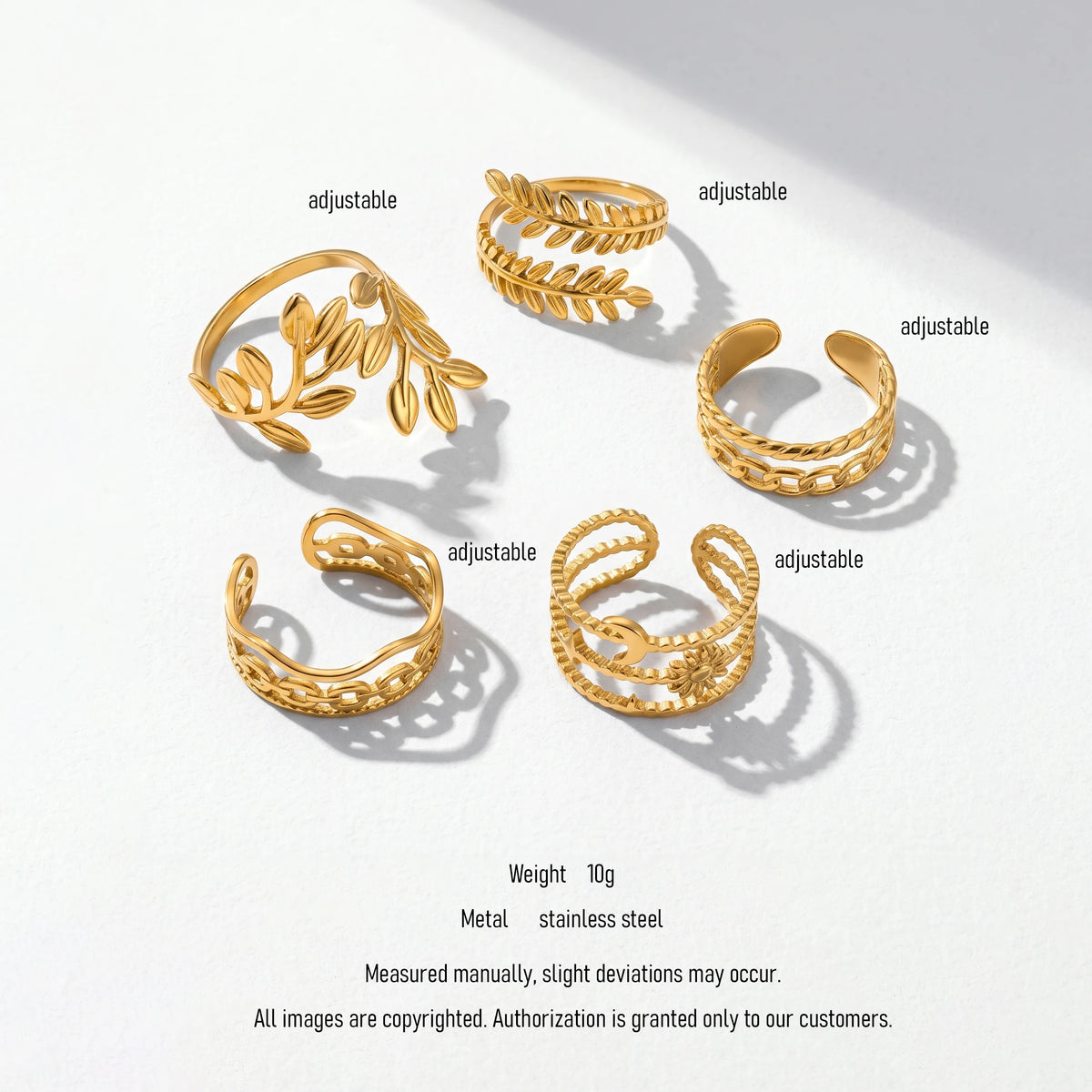 QIAOREN 10709 5Pcs Trendy Gold Plated Stainless Steel Adjustable Stackable Inlay Statement Ring Watch Set for Women