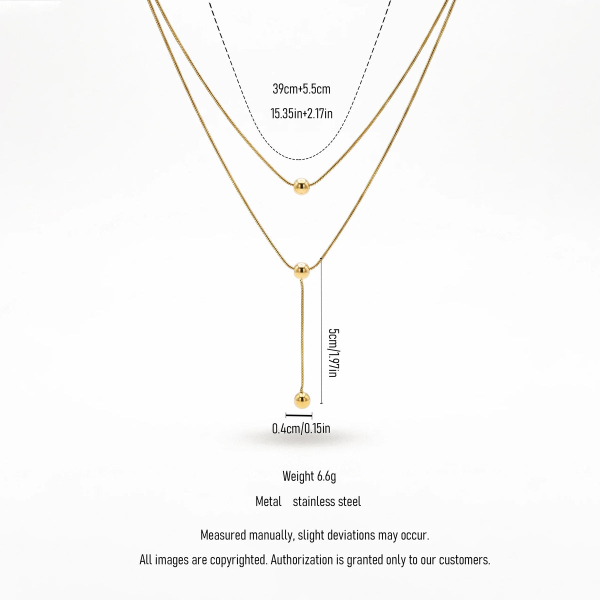 QIAOREN 13462 Minimalist Double Layer Snake Chain Necklace with Sliding Round Ball Pendants, Dainty Simple Neck Jewelry Gift