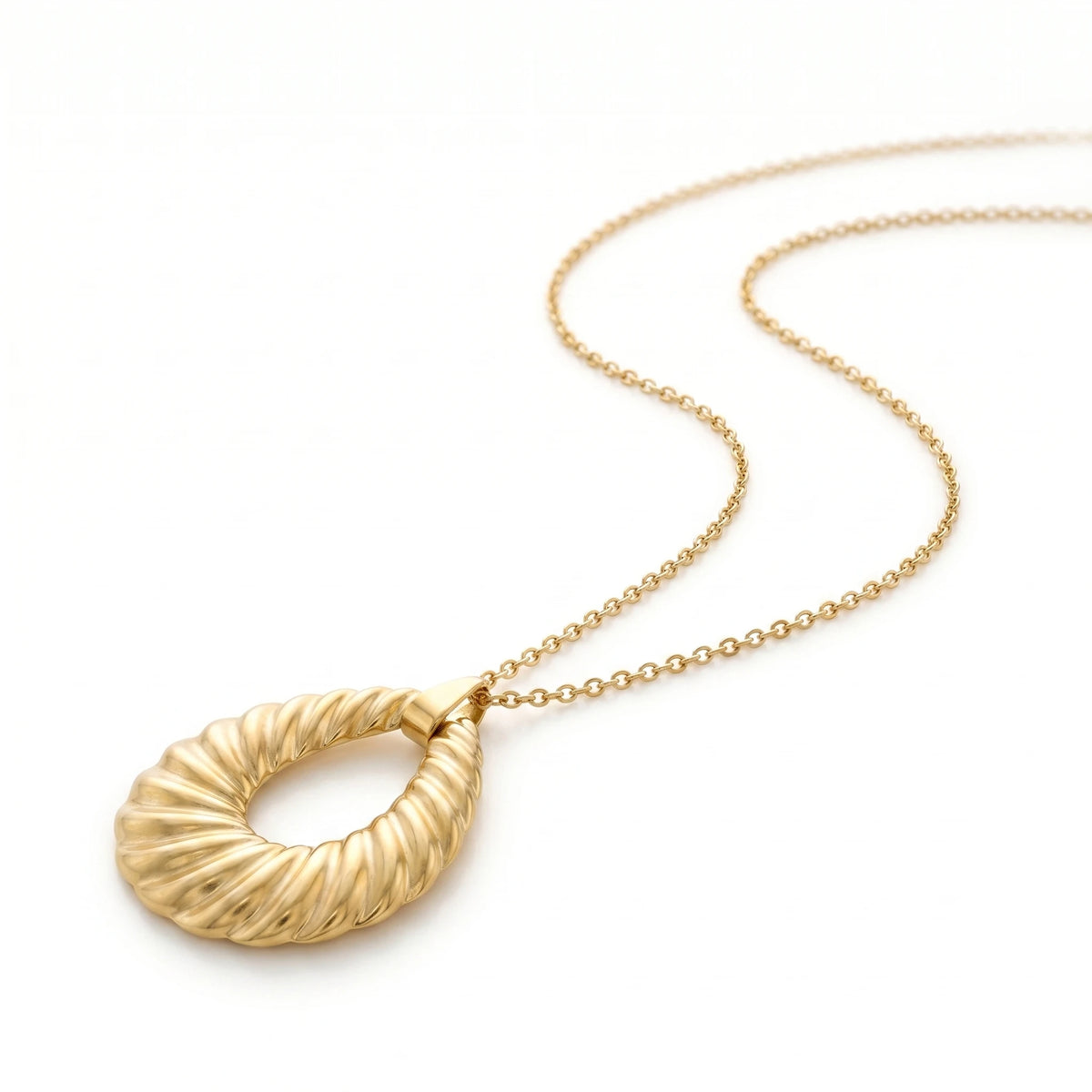 QIAOREN 12878 18K Gold Plated Ribbed Croissant Teardrop Necklace, Waterproof Tarnish Free Stainless Steel Statement Jewelry