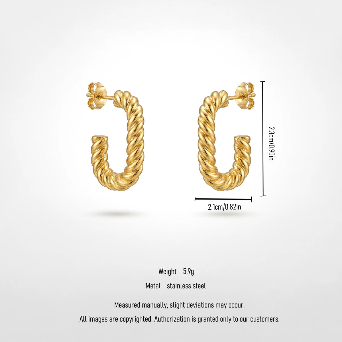 QIAOREN 13273 Gold Tone Twisted Rope C Shape Stud Earrings Textured Braided Half Circle Pin Studs Retro Minimalist Design