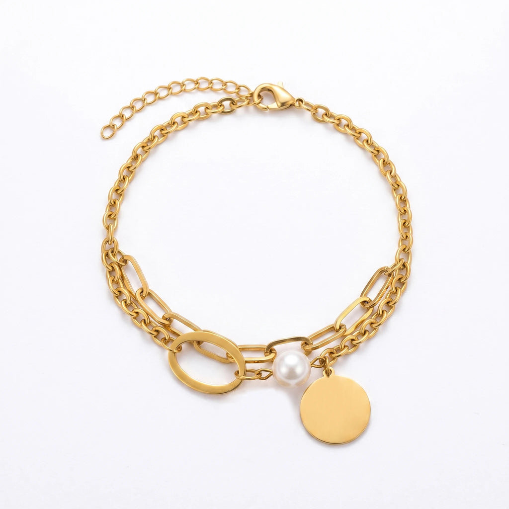QIAOREN 11061 Stainless Steel Layered Chain Charm Bracelet Tarnish Free Waterproof Minimalist Jewelry for Women