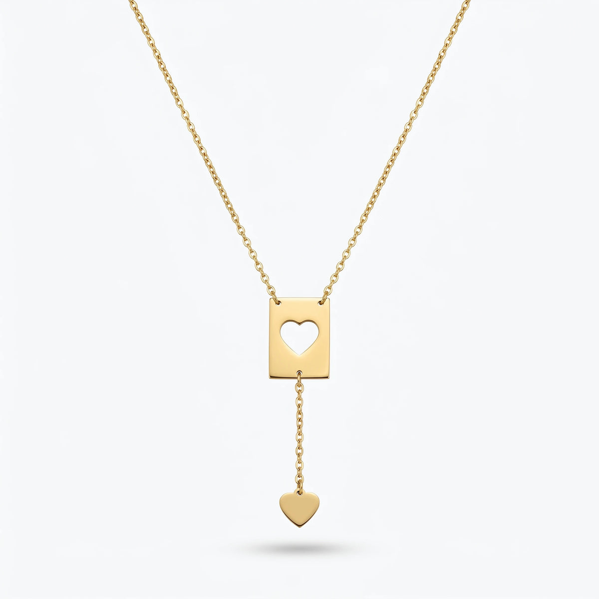 QIAOREN 11839 18K Gold Plated Stainless Steel Anti-Tarnish Hypoallergenic Hollow Heart Rectangle Lariat Y-Necklace Heart Pendant