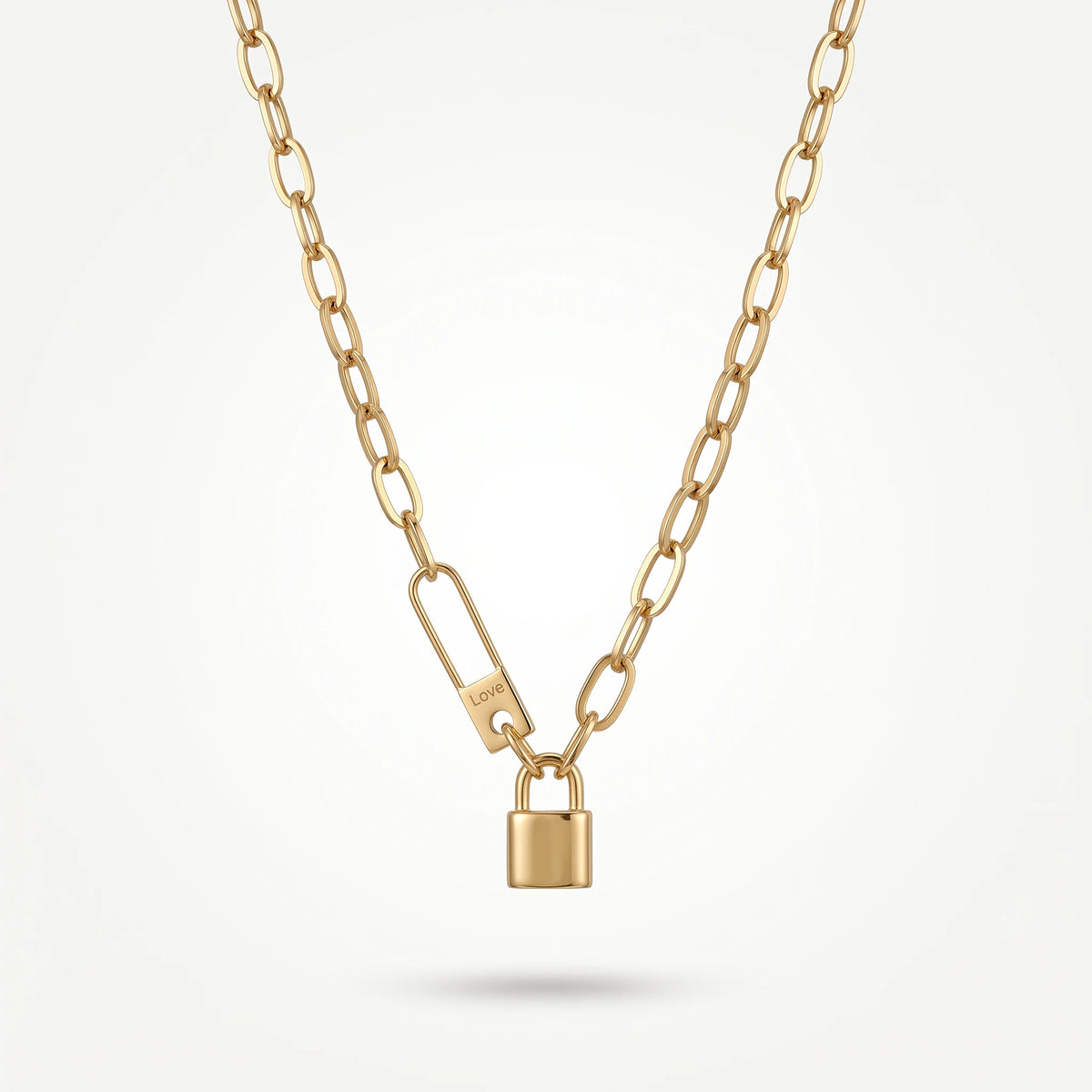 QIAOREN 13567 Gold Stainless Steel Paperclip Chain Necklace with Lock Pendant Minimalist Padlock Jewelry Fashion Gift for Women