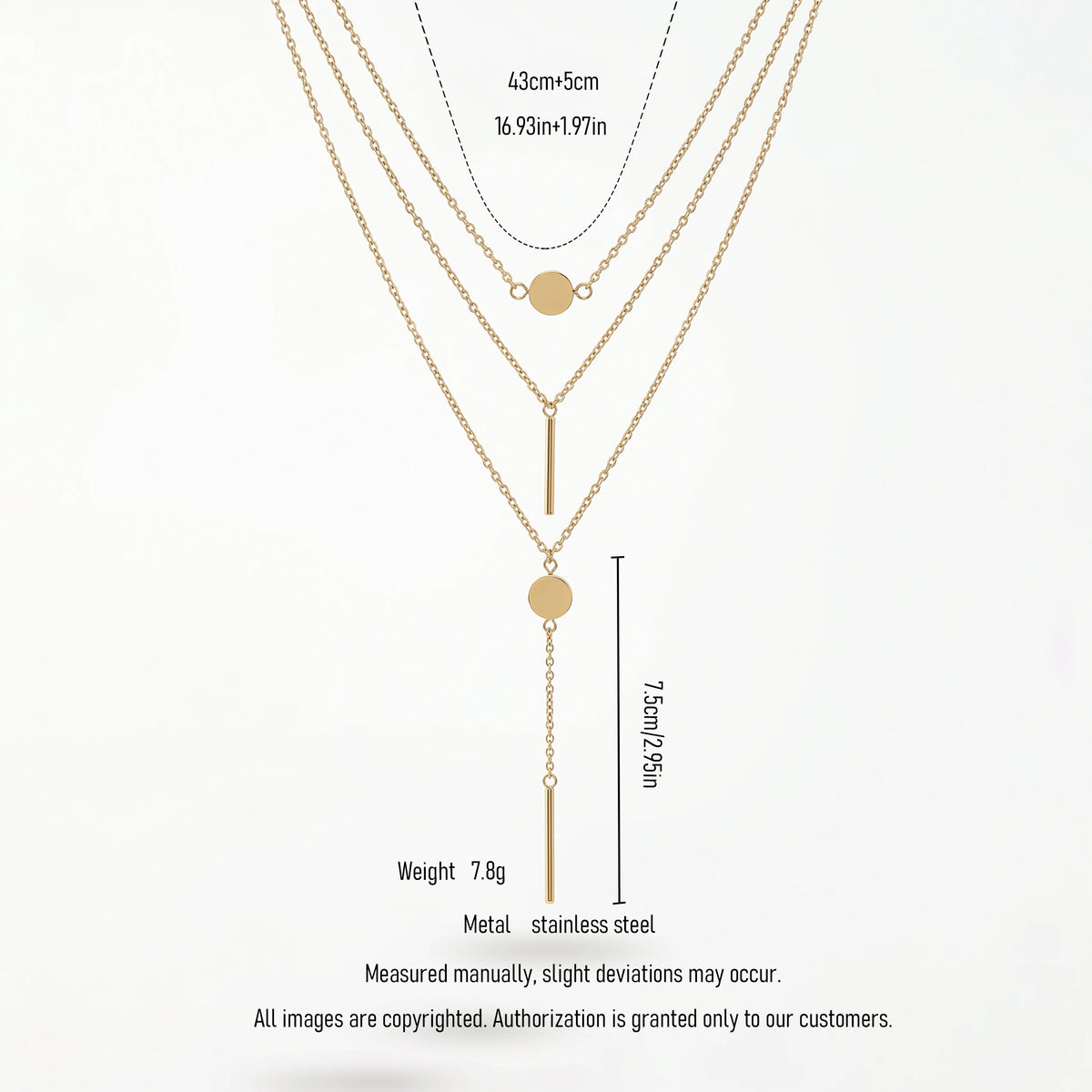 QIAOREN 11310 18K Gold Plated Triple Layered Y-Shaped Disc Bar Necklace Stainless Steel Tarnish Free Elongate Neck Jewelry