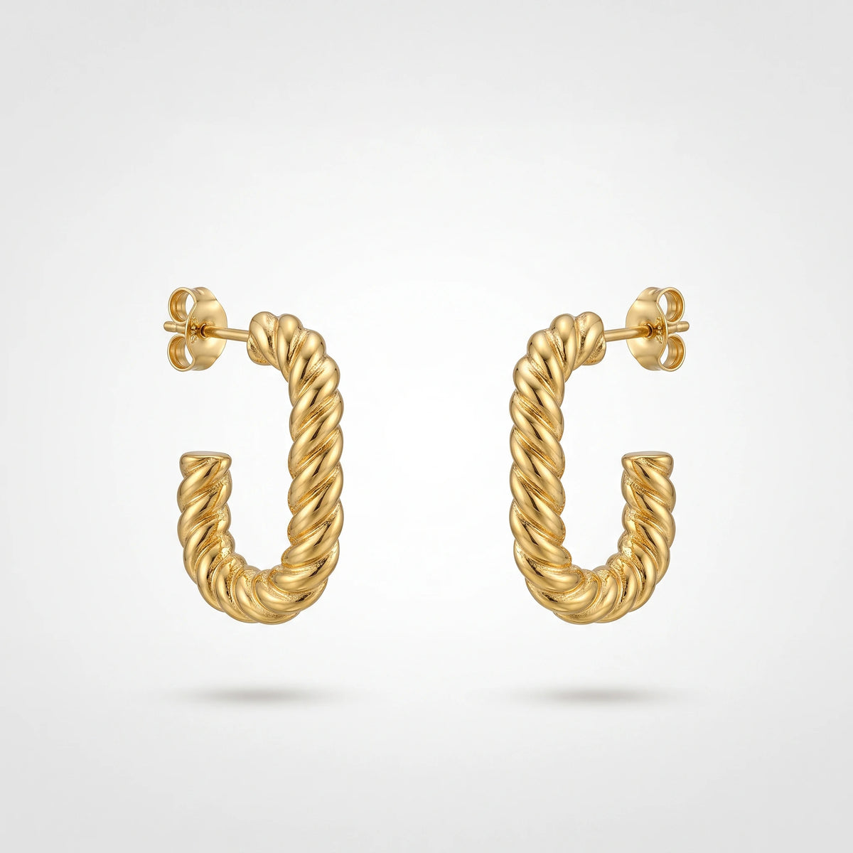 QIAOREN 13273 Gold Tone Twisted Rope C Shape Stud Earrings Textured Braided Half Circle Pin Studs Retro Minimalist Design
