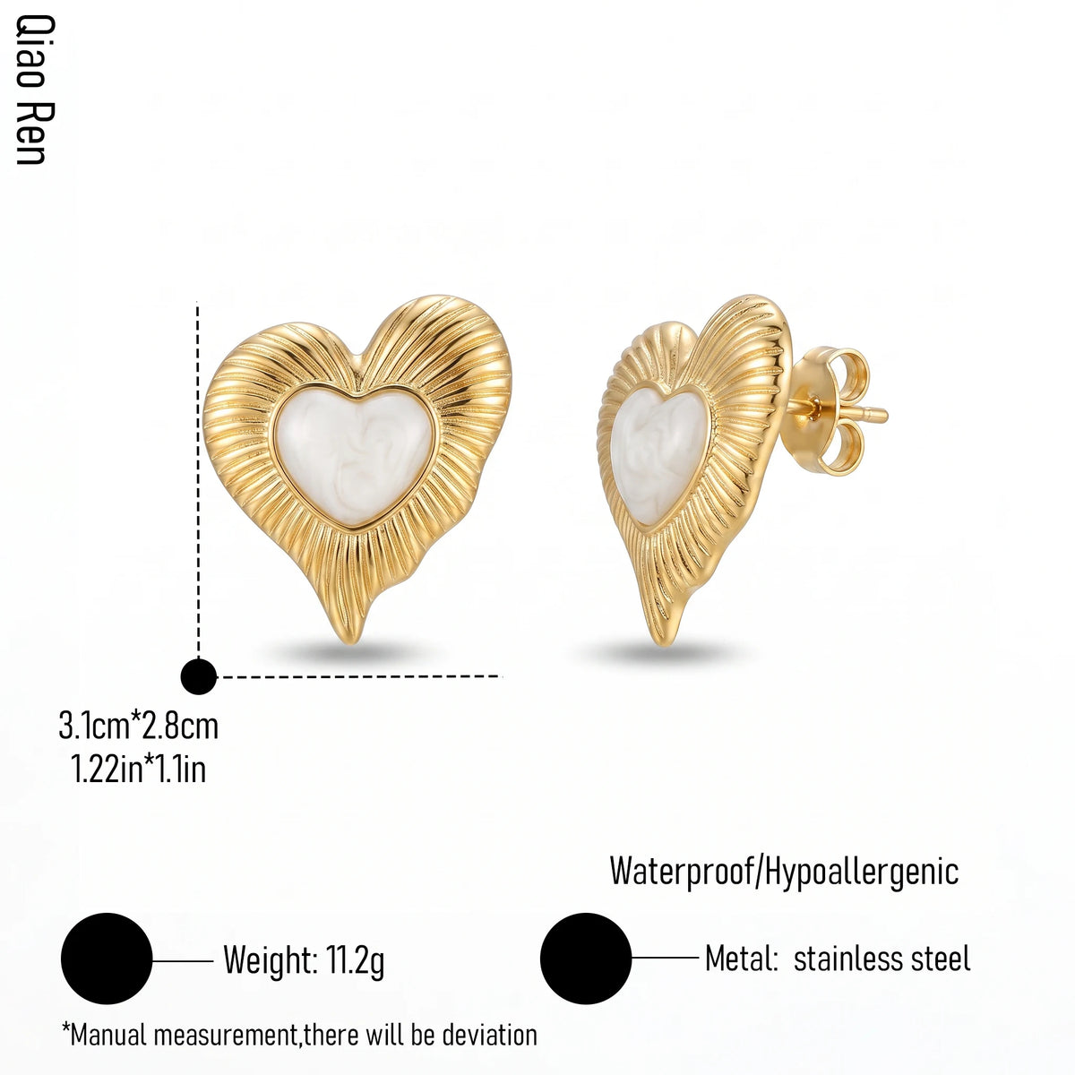 QIAOREN 14076-77 Fluted Heart Shell Stud Earrings, White Enamel Inset Heart Ear Stud Jewelry Gift for Daily Fashion Outfits