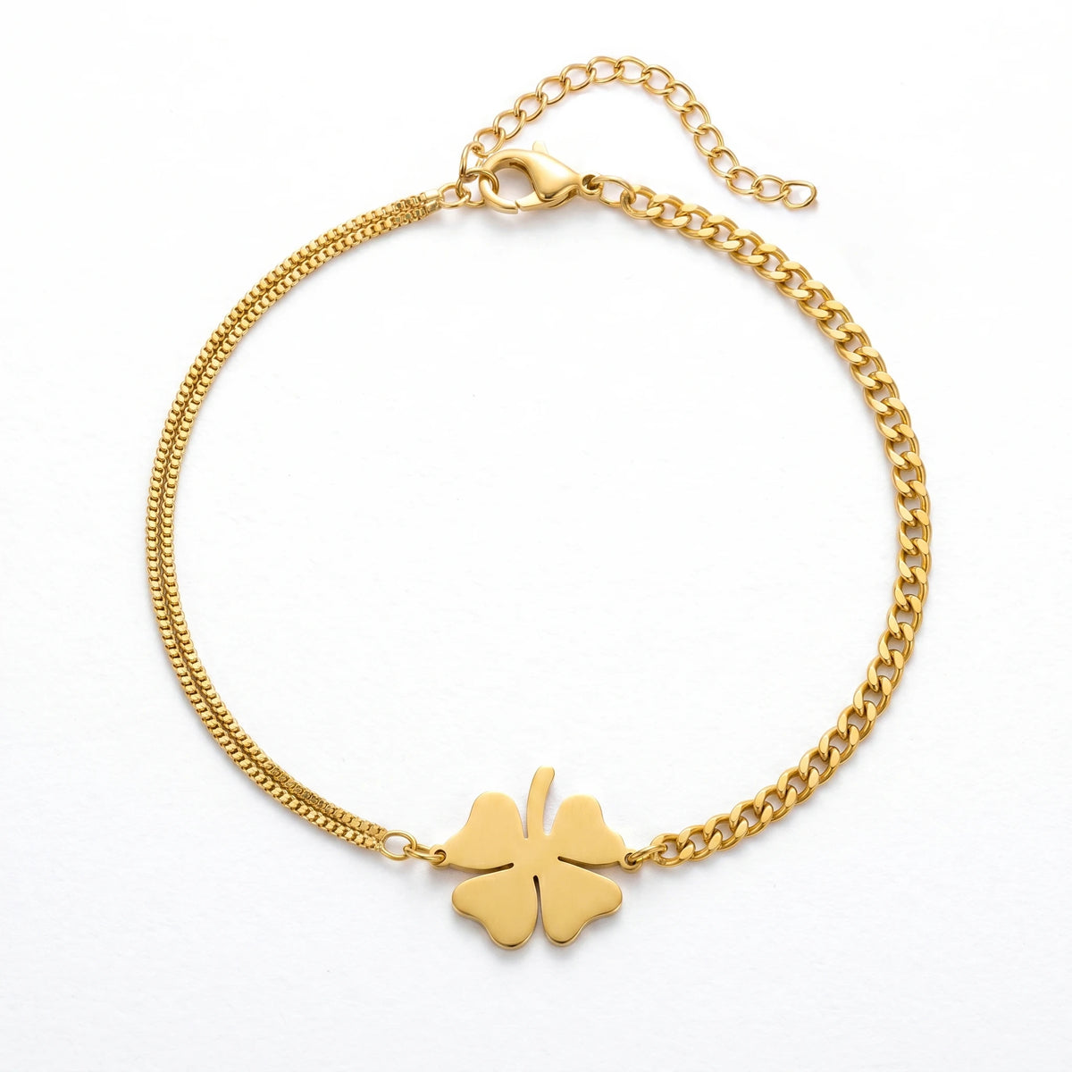 QIAOREN 10778 Dainty 18K Gold Plated Stainless Steel Four Leaf Clover Charm Bracelet Waterproof Double Chain Jewelry