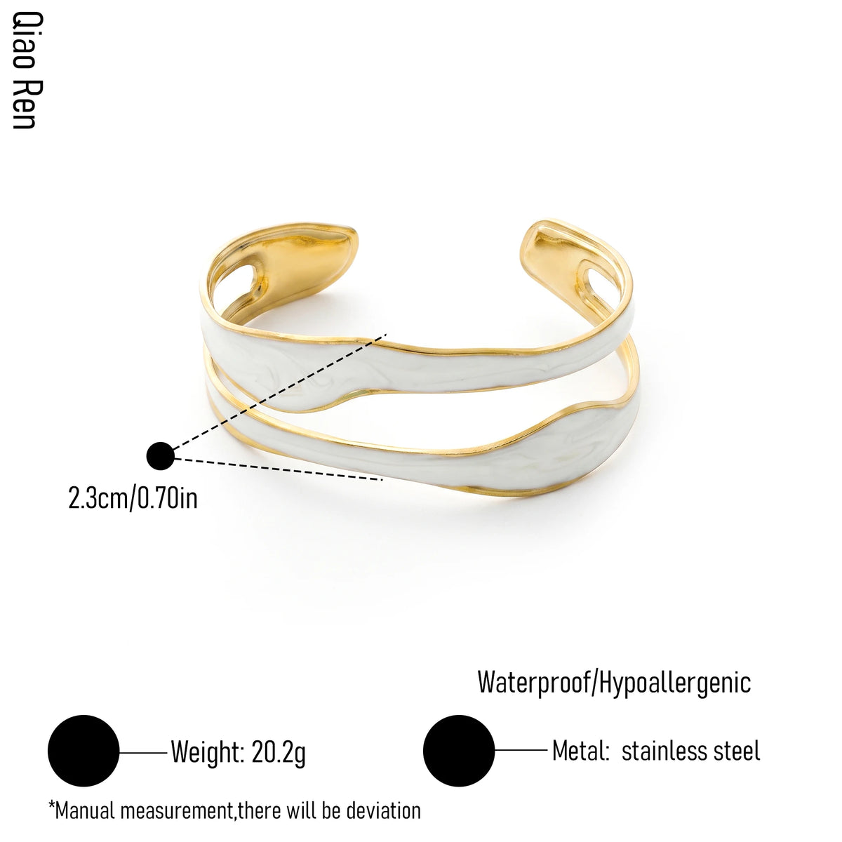 QIAOREN 14116 Stainless Steel White Enamel Wave Open Cuff Bracelet Gold Waterproof Jewelry OEM ODM