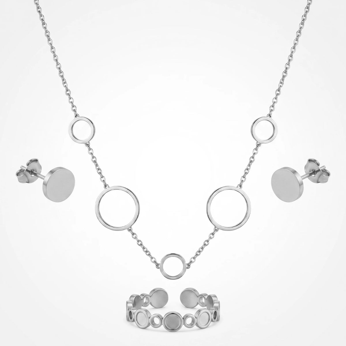 QIAOREN 11649 Versatile Gold Circle Jewelry Set 18K Stainless Steel Necklace Earrings Ring for Office Daily Wear