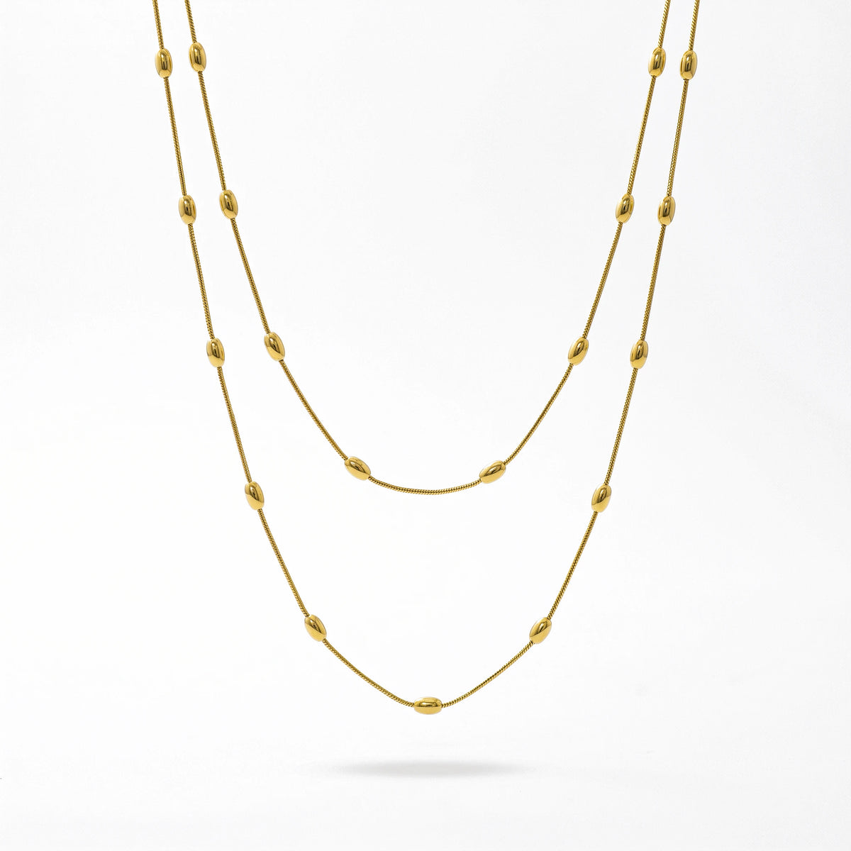 QIAOREN 13568 Gold Stainless Steel Layered Long Chain Necklace with Beaded Station Design Minimalist Fashion Jewelry for Women