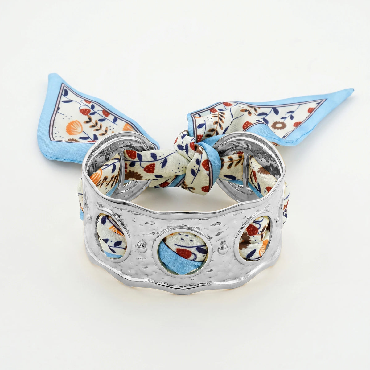 QIAOREN 11001 Vintage Floral Scarf Bracelet Gold Stainless Steel Wide Cuff Adjustable Beach Resort Jewelry for Women
