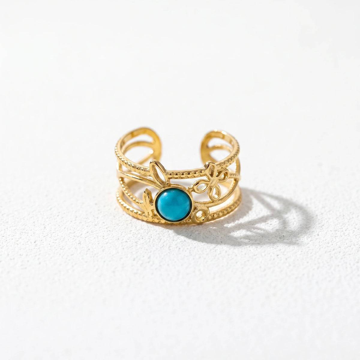 QIAOREN 13146-50 5Pcs Gold Turquoise Open Cuff Ring Set, Boho Hollow Inlaid Turquoise Stainless Steel Stackable Jewelry