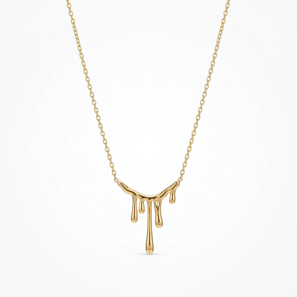 QIAOREN 13806 Thin Oval Link Chain Pendant Necklace with Abstract Liquid Dripping Metal Drop Charm, Polished Gloss Gold Jewelry