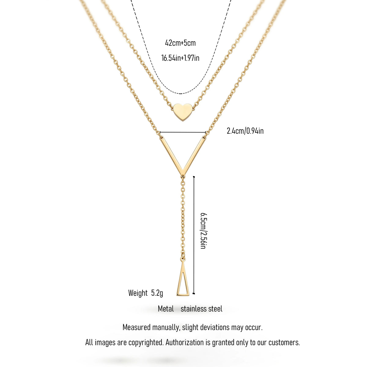 QIAOREN 11257 Dainty Double Layer Heart Triangle Pendant Necklace 18K Gold Plated Stainless Steel Waterproof Jewelry