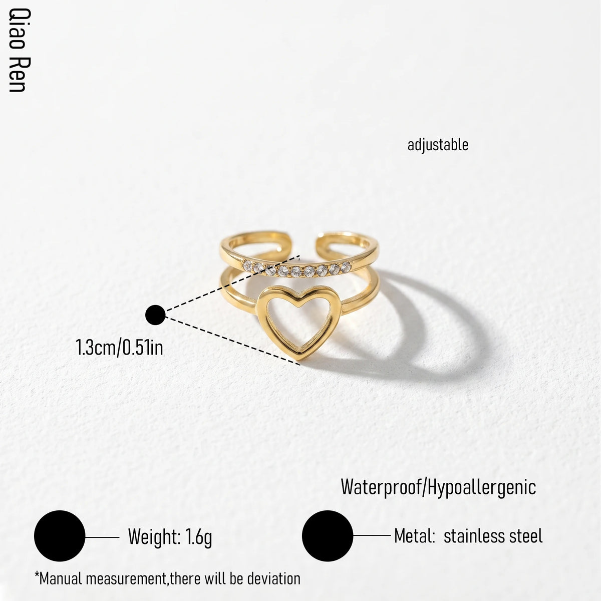 QIAOREN 14169-74 Green Crystal Heart Open Ring Set, Multi Styles Love Shape Adjustable Stackable Ring Jewelry Gift