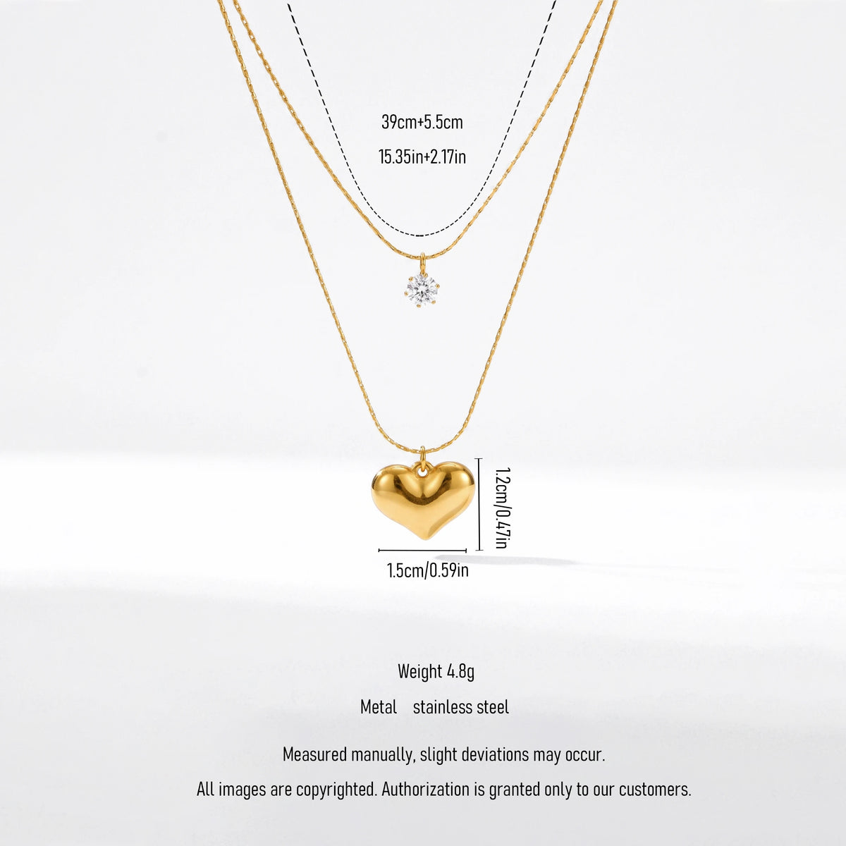 QIAOREN 13481 Dainty Double Layer Snake Chain Necklace with Tiny Round Zircon & Puffy Heart Pendants, Minimalist Layering