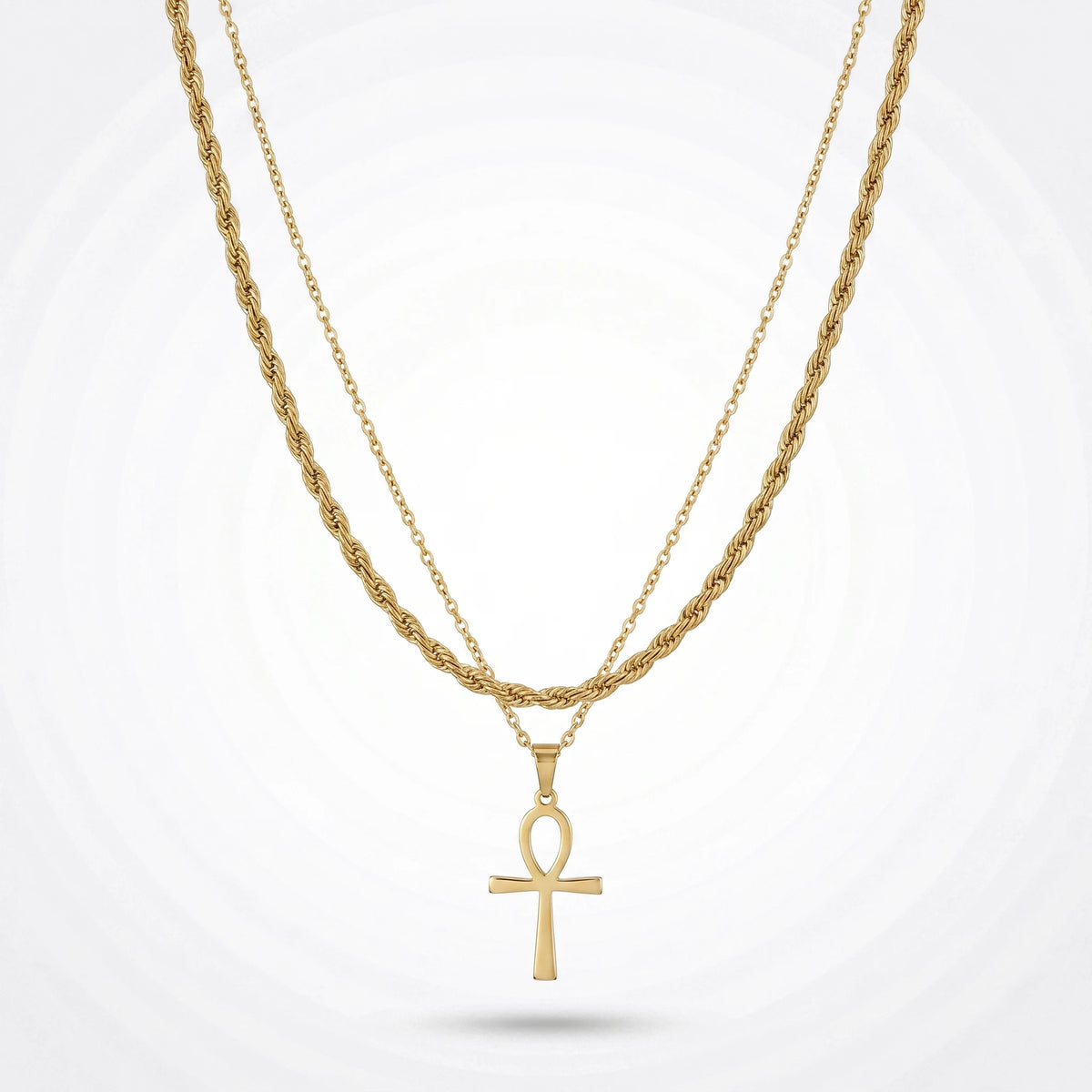 QIAOREN 11495 Rust Resistant Waterproof 18K Gold Plated Stainless Steel Ankh Symbol Layered Necklace