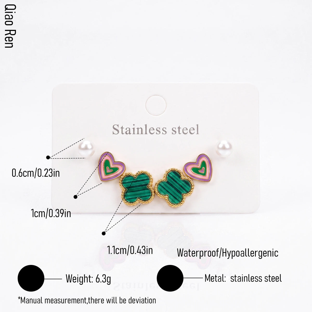 QIAOREN 14512 Stainless Steel Clover Earrings Pearl Heart Stud Earrings Waterproof Hypoallergenic Fashion Jewelry for Women