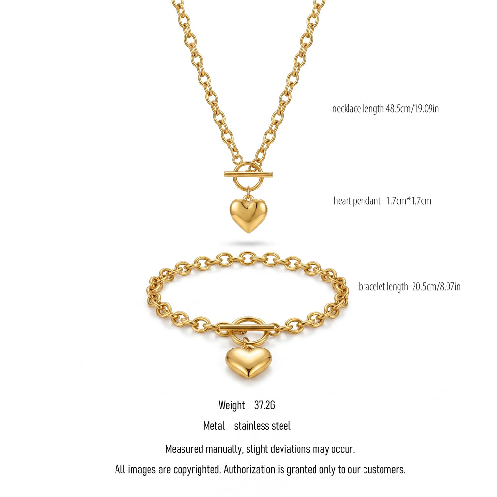 QIAOREN 10670 Trendy Heart Pendant Toggle Clasp Necklace Bracelet Set 18K Gold Stainless Steel Hypoallergenic Fashion Jewelry
