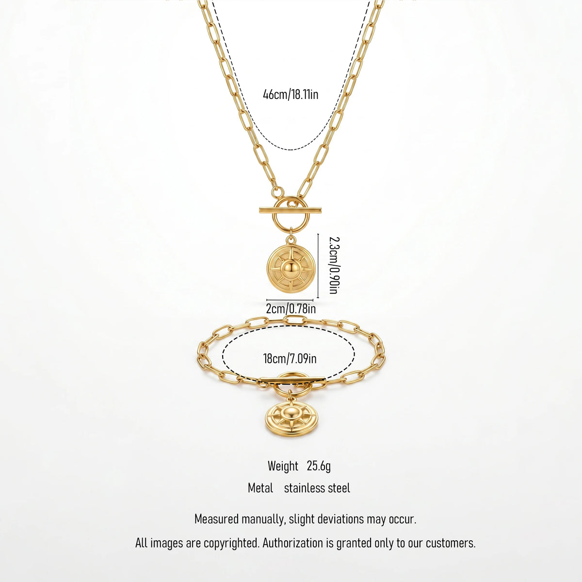 QIAOREN 11897 Waterproof Compass Sun Disc Jewelry Set 18K Gold Stainless Steel 2Pcs Toggle Clasp Paperclip Chain Jewelry