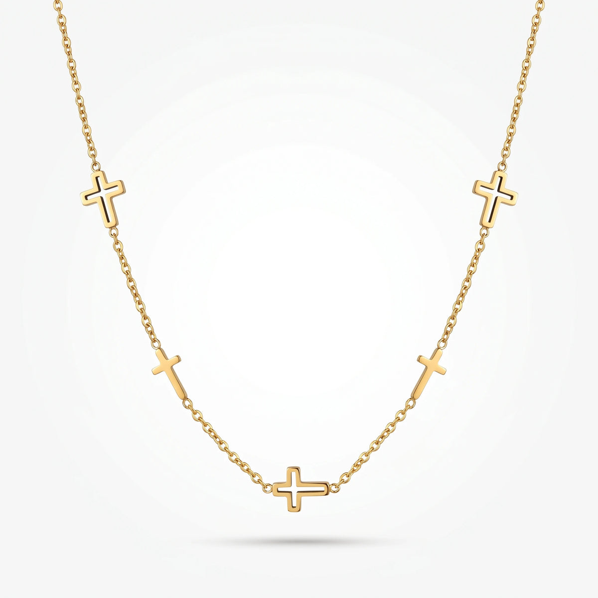 QIAOREN 10660 Multiple Hollow Cross Station Choker Necklace 18K Gold Plated Stainless Steel Link Chain Waterproof Jewelry