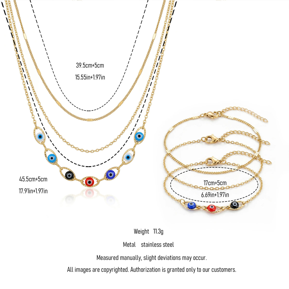 QIAOREN 11647 Boho Colorful Eye Jewelry Set 18K Gold Stainless Steel 3 Layered Necklace Bracelet Beach Vacation