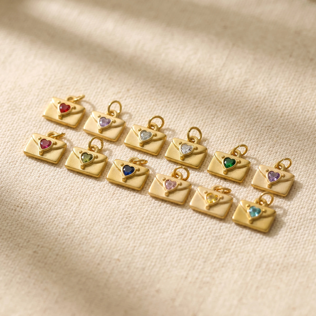 QIAOREN 12437-48   12 Birthstone Envelope Drop Earrings, Gold Plated Stainless Steel Love Letter Studs