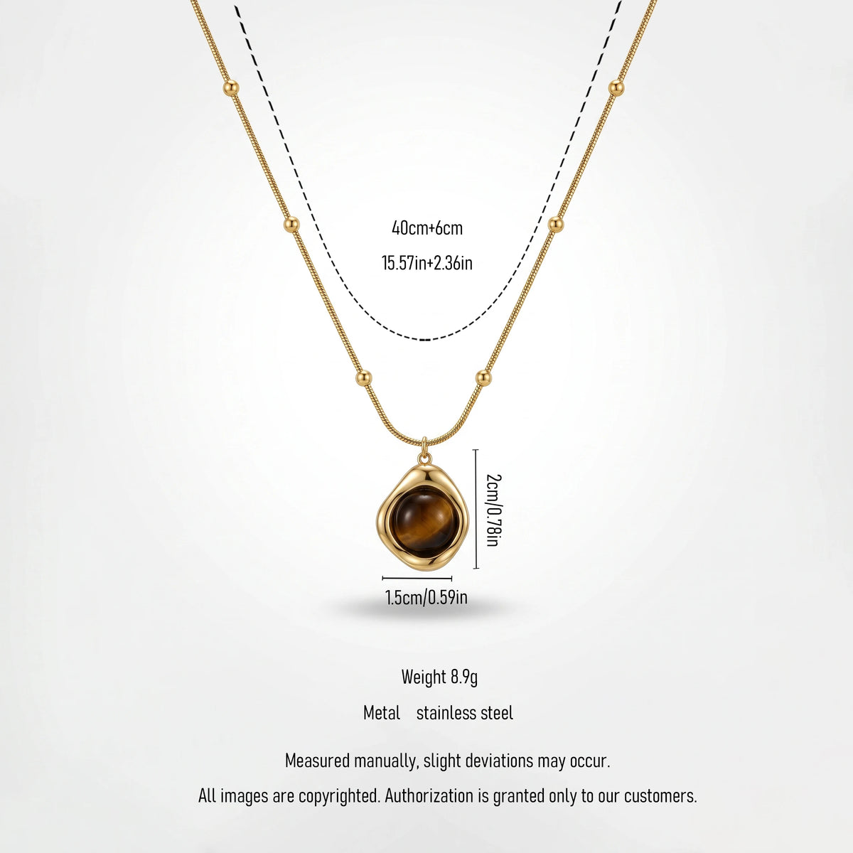 QIAOREN 13472 Vintage Tiger Eye Pendant Necklace with Beaded Snake Chain, Irregular Gold Frame Natural Stone Neck Jewelry Gift