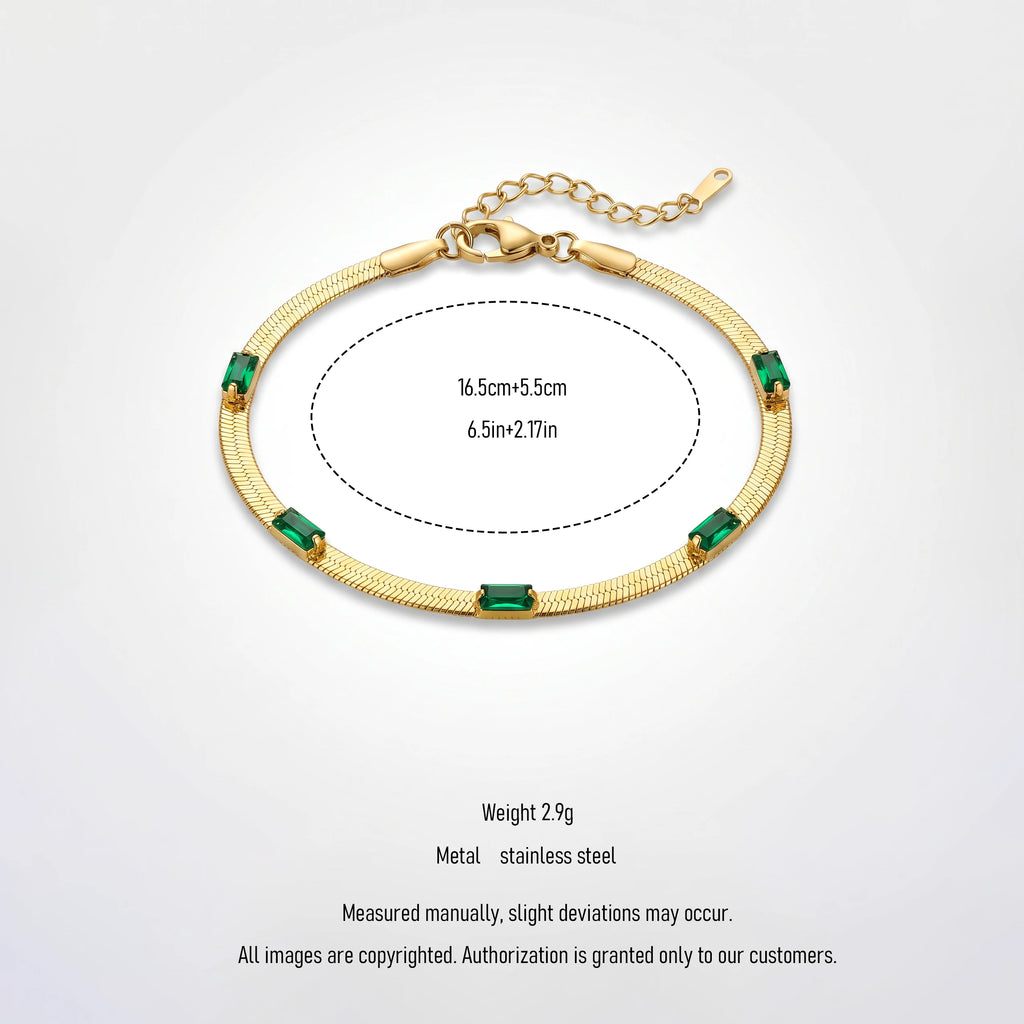 QIAOREN 13296 Gold Plated Stainless Steel Snake Chain Bracelet with Green Baguette Cubic Zirconia Minimalist Jewelry