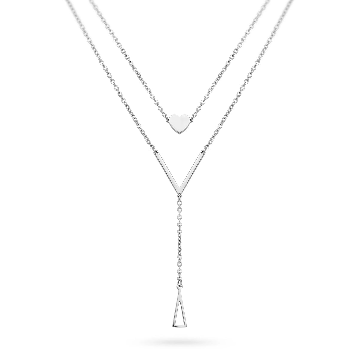QIAOREN 11257 Dainty Double Layer Heart Triangle Pendant Necklace 18K Gold Plated Stainless Steel Waterproof Jewelry